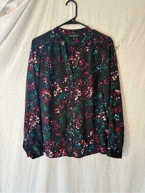 Jones New York Black Floral Button-Front Blouse with Pink, Teal & Cream Accents